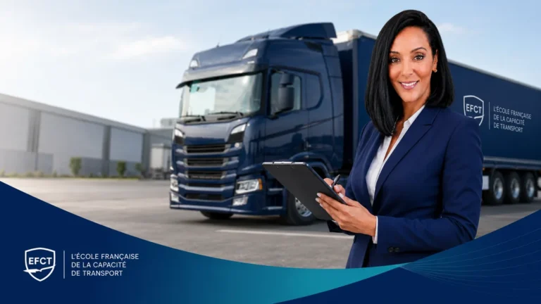 Gestionnaire de transport vérifiant un dossier devant un camion, guide capacité de transport de marchandises EFCT