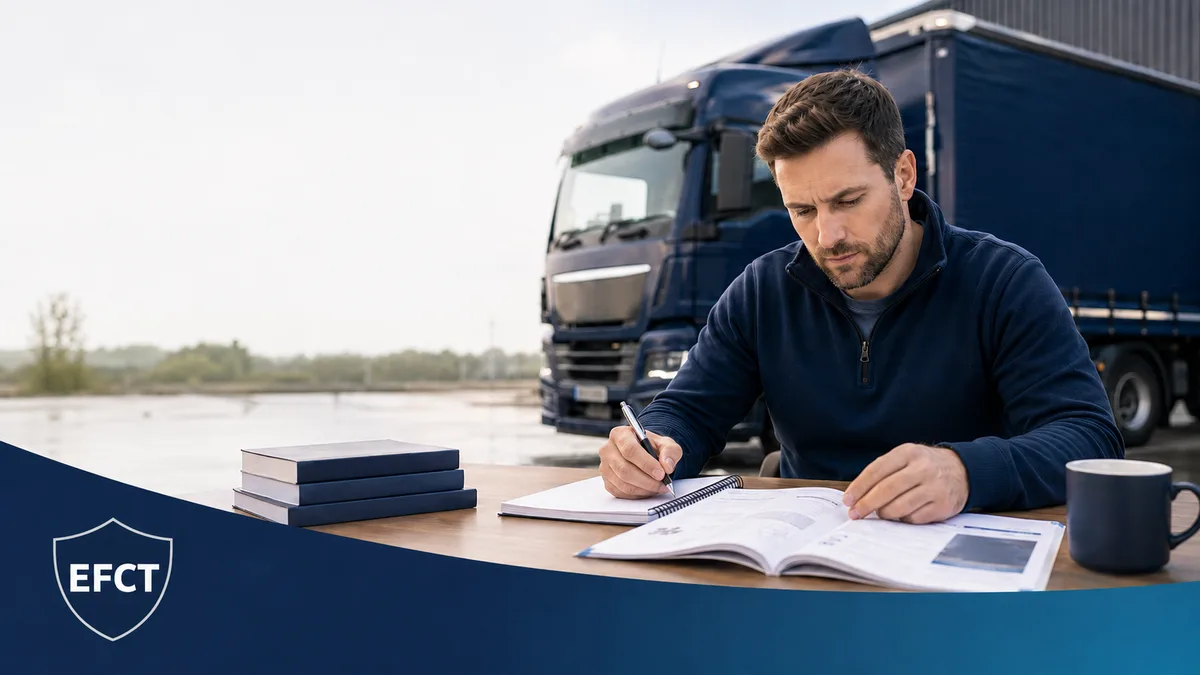 Gérant d'entreprise de transport préparant sa capacité de transport lourd avec EFCT